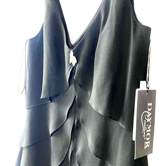 Vtge Daymor Womens 100% silk Black Elegant V neck Ruffle Layered Dress Sz 4 Maxi - Picture 3 of 11